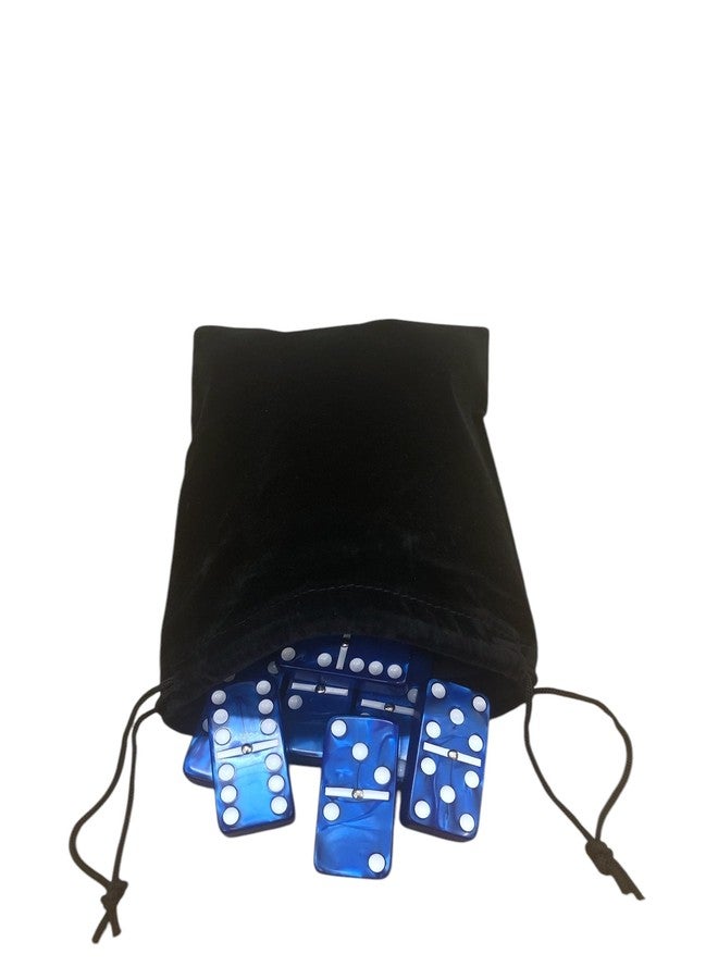Marion Domino Double 6 Dark Blue Marbleized Tiles with Spinners, Jumbo Tournament Size in Black Elegant Velvet Bag - Image 1